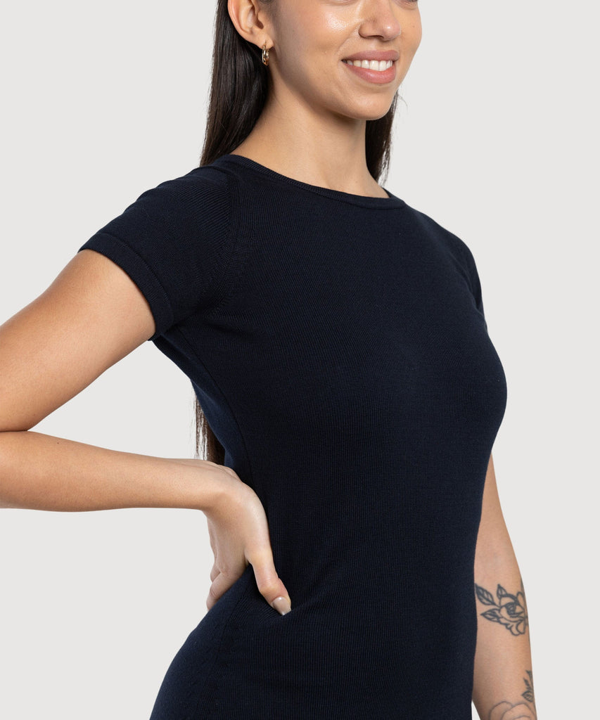 Long Knitted Short Sleeve Cotton Dress Miaki Swiss Made Womenswear