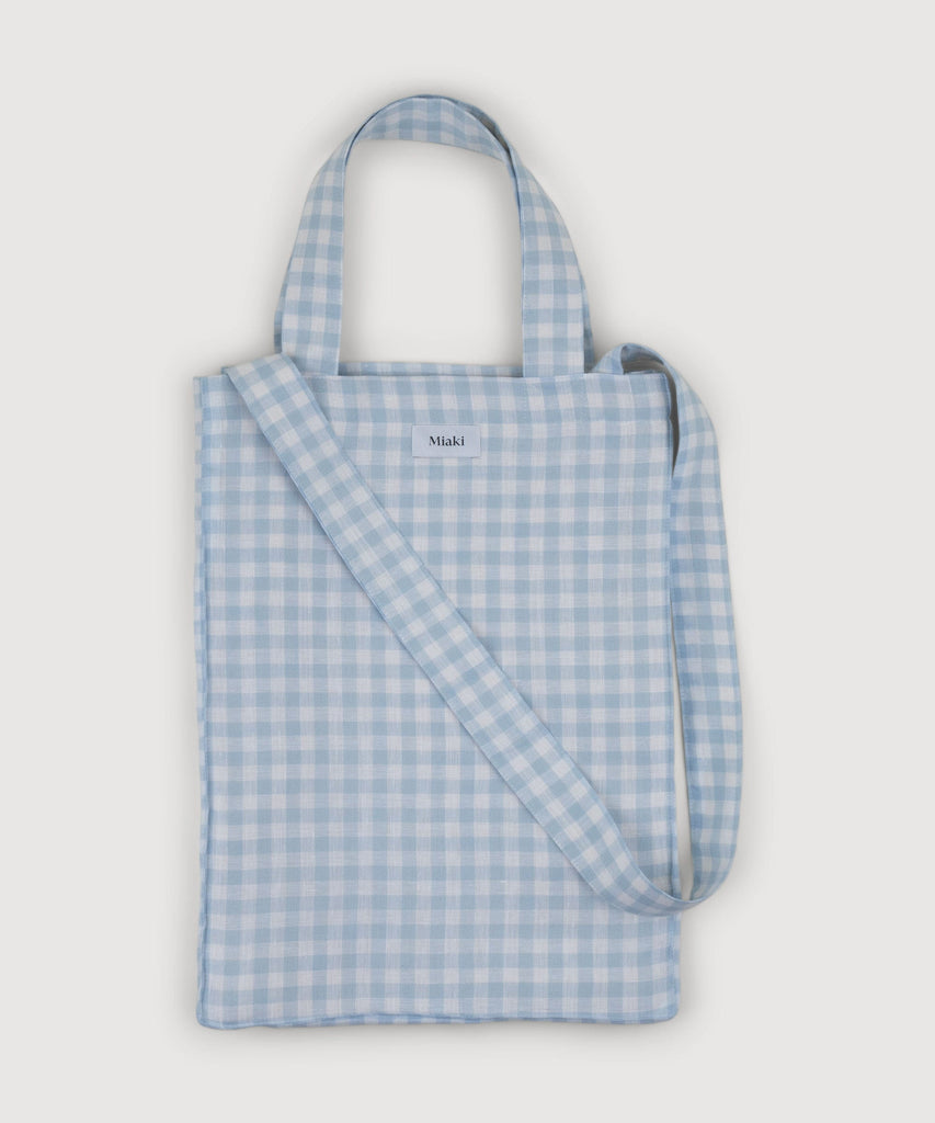 Check Light Blue / One Size Linen Strap Tote Miaki Swiss Made Womenswear