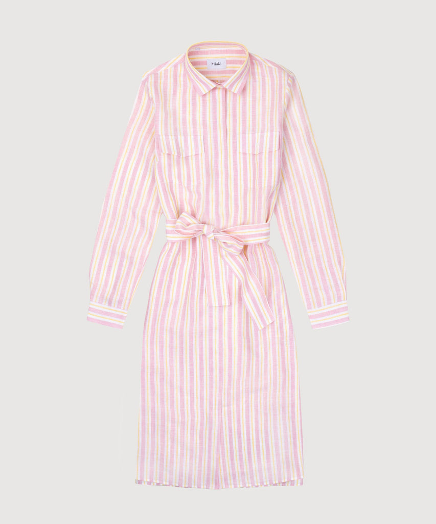 Yellow/Pink / 34 Striped Linen Shirt Dress Miaki Swiss Made Womenswear