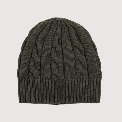Dark Olive / One Size Cable Knit Cashmere Cap Miaki Swiss Made Womenswear