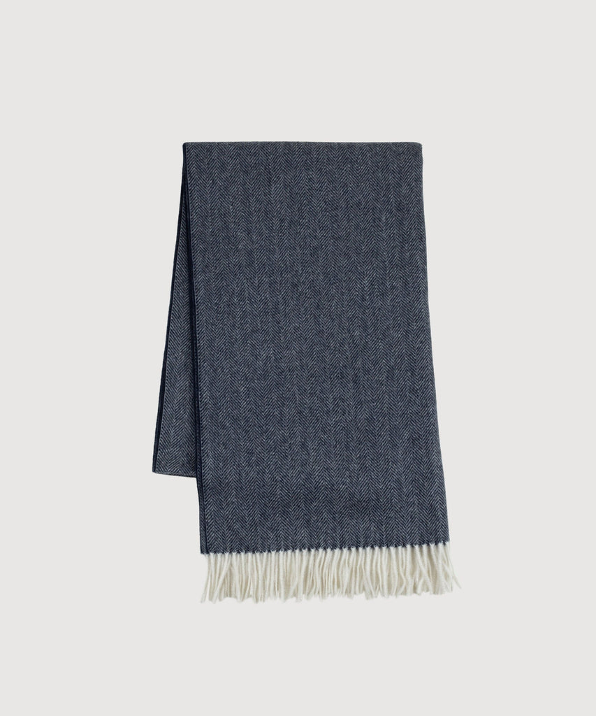Navy Large Cashmere Herringbone Scarf Miaki Swiss Made Womenswear