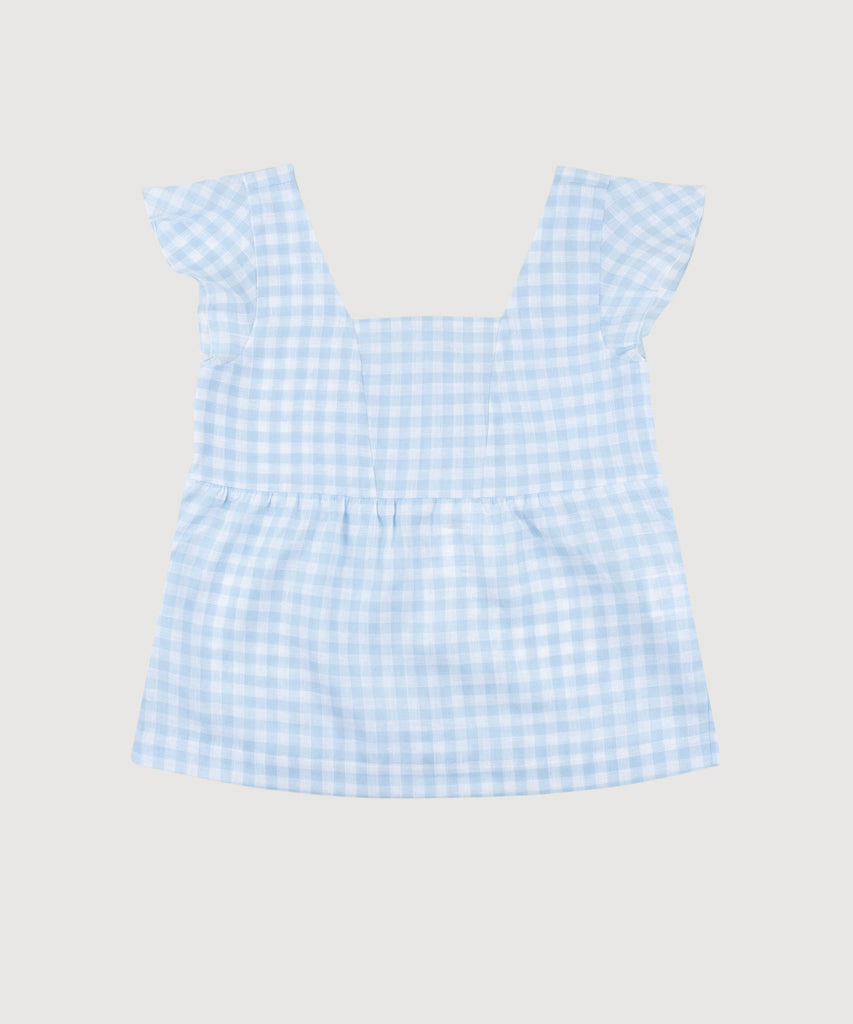 Light Blue Check / XS Volant Linen Top Miaki Swiss Made Womenswear