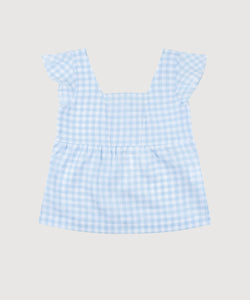 Light Blue Check / XS Volant Linen Top Miaki Swiss Made Womenswear