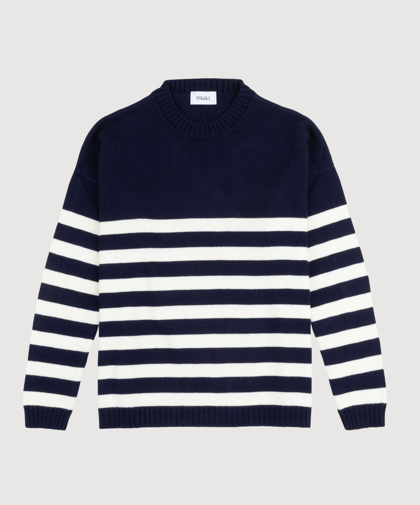 Navy/Ivory / XS Striped Oversized Cotton Sweater Miaki Swiss Made Womenswear