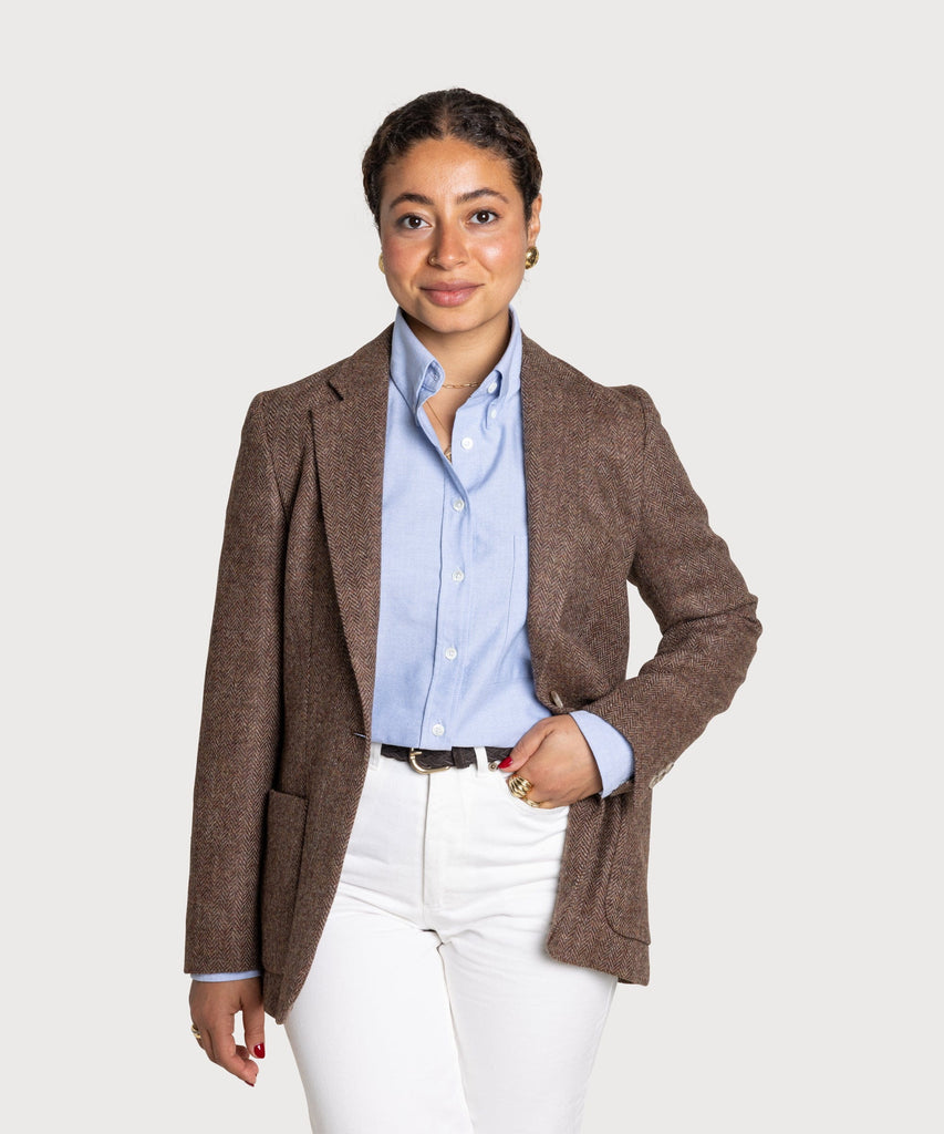 Brown / 34 Relaxed Herringbone Tweed Blazer Miaki Swiss Made Womenswear
