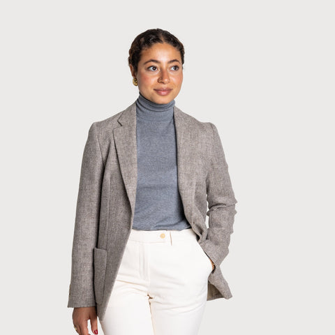 Beige / 34 Relaxed Herringbone Tweed Blazer Miaki Swiss Made Womenswear