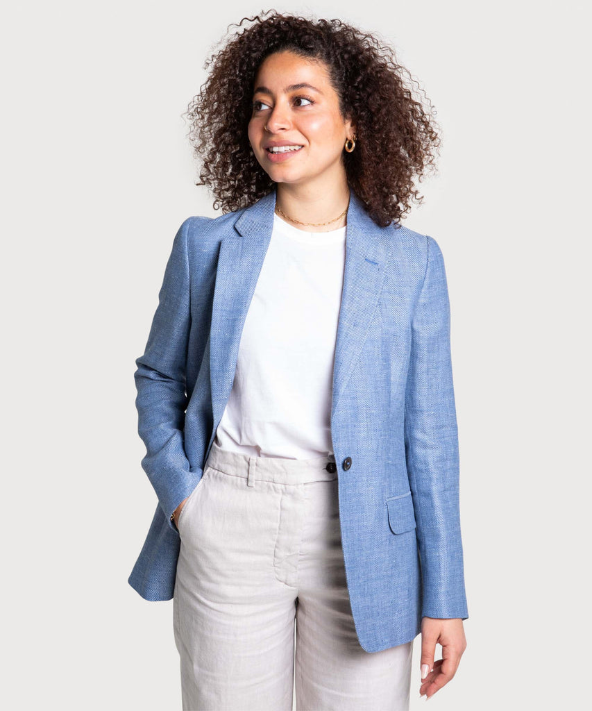 Light Blue / 34 Relaxed Herringbone Linen Wool Blazer Miaki Swiss Made Womenswear