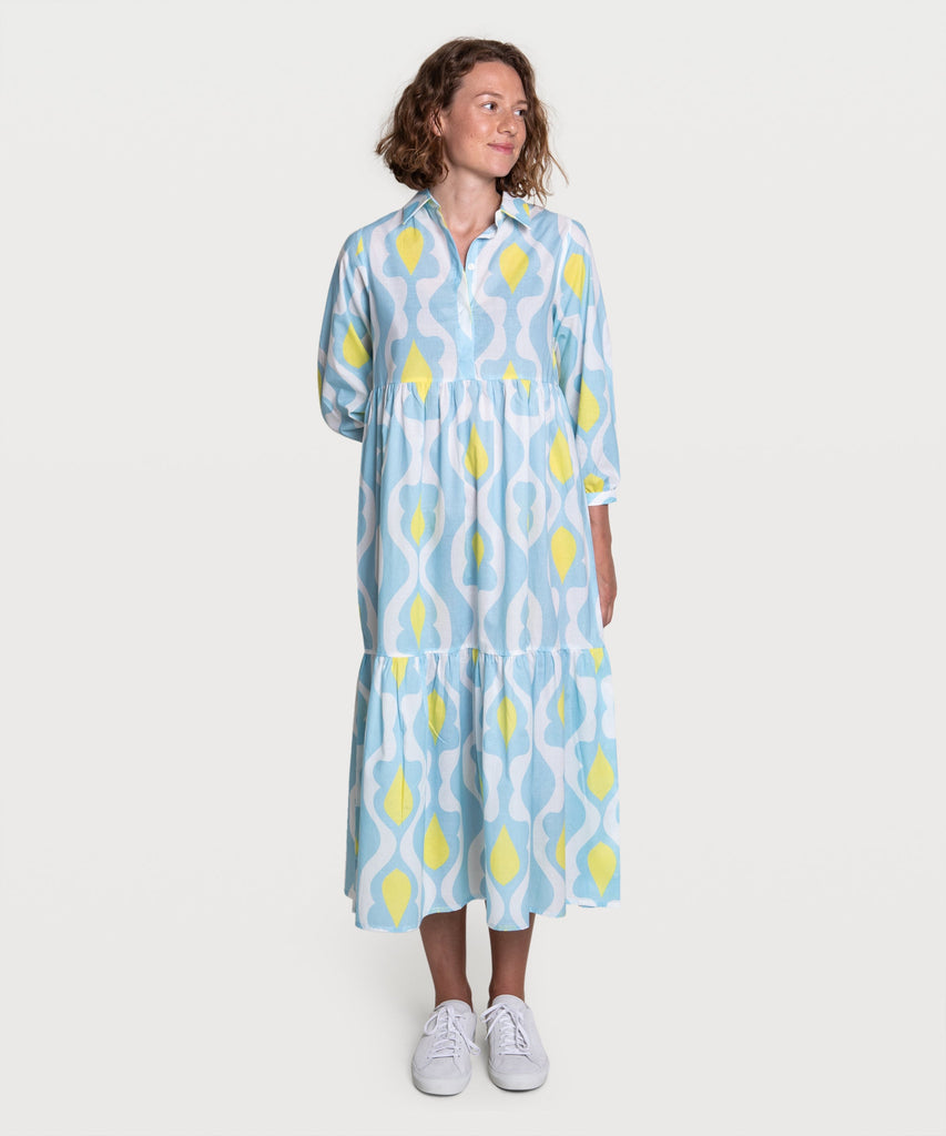Blue/Yellow / XS Printed Relaxed Long Shirt Dress Miaki Swiss Made Womenswear