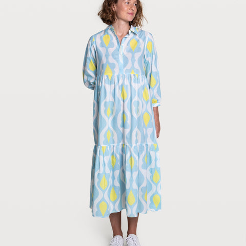 Blue/Yellow / XS Printed Relaxed Long Shirt Dress Miaki Swiss Made Womenswear
