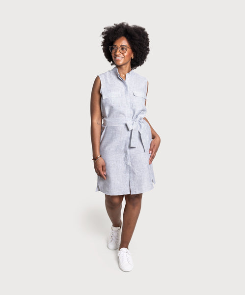 Sleeveless Linen Stripe Shirt Dress