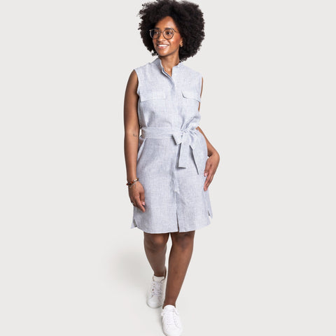 Sleeveless Linen Stripe Shirt Dress