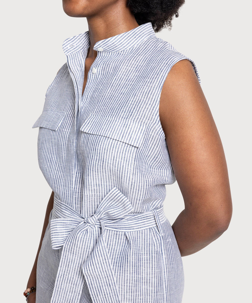 Sleeveless Linen Stripe Shirt Dress