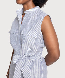 Sleeveless Linen Stripe Shirt Dress
