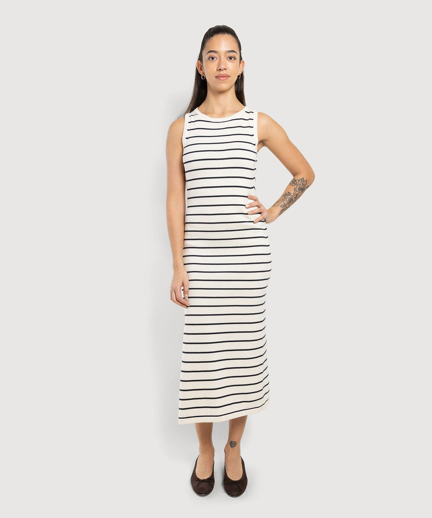Stripes - Navy / White / XS Long Knitted Sleeveless Dress Miaki Swiss Made Womenswear