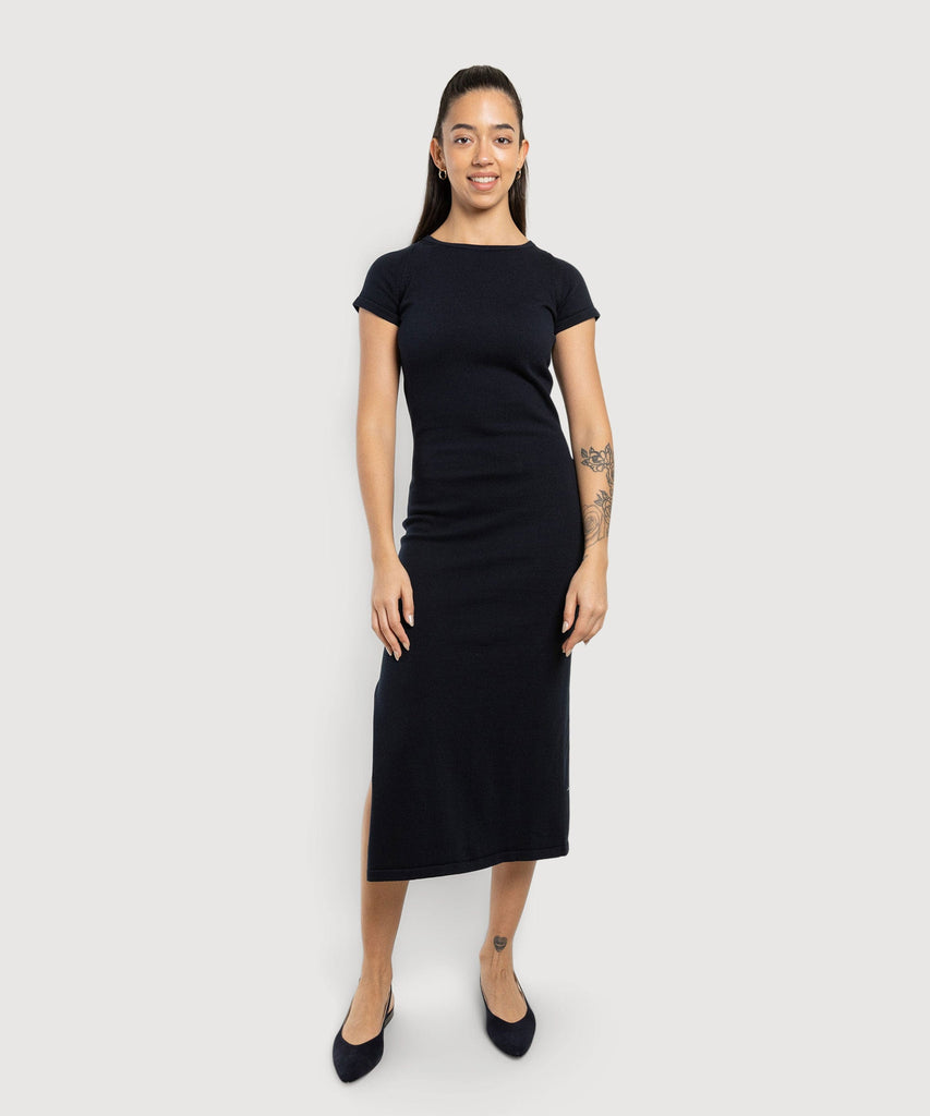 Navy / XS Long Knitted Short Sleeve Cotton Dress Miaki Swiss Made Womenswear