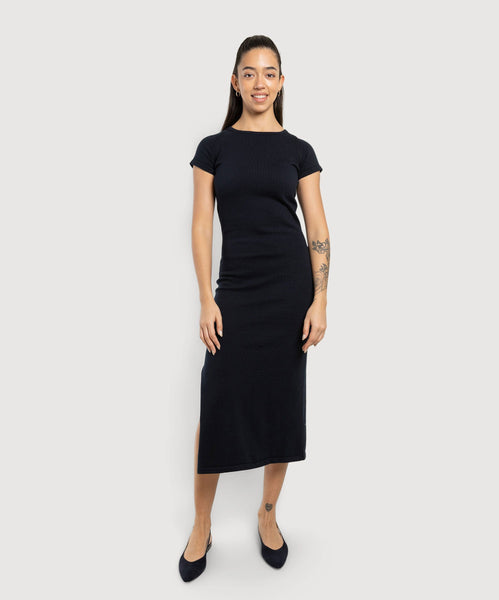 Navy / XS Long Knitted Short Sleeve Cotton Dress Miaki Swiss Made Womenswear