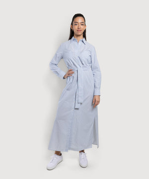 Blue / 34 Long Cotton Stripe Shirt Dress Miaki Swiss Made Womenswear