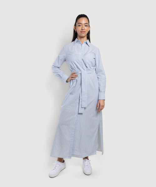 Blue / 34 Long Cotton Stripe Shirt Dress Miaki Swiss Made Womenswear