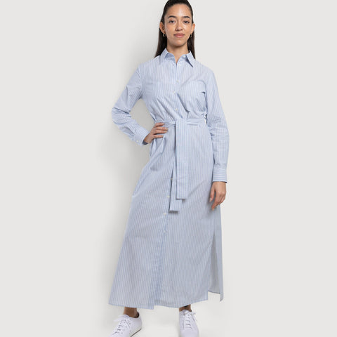 Blue / 34 Long Cotton Stripe Shirt Dress Miaki Swiss Made Womenswear
