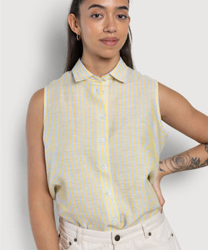 Sleeveless Linen Stripe Shirt Miaki Swiss Made Womenswear