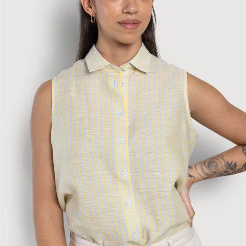 Sleeveless Linen Stripe Shirt Miaki Swiss Made Womenswear