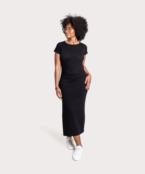 Navy / XS Long Knitted Short Sleeve Cotton Dress Miaki Swiss Made Womenswear