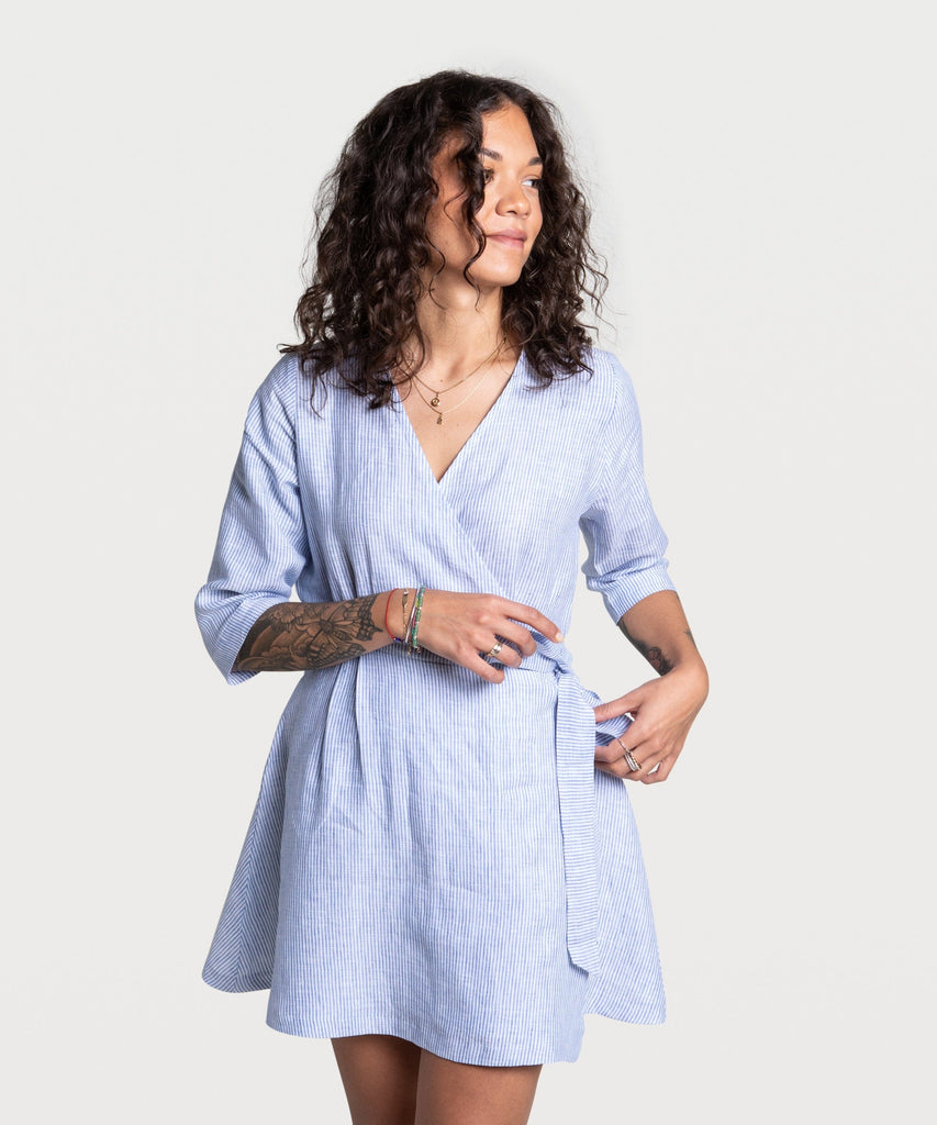 Striped Linen Wrap Dress Short