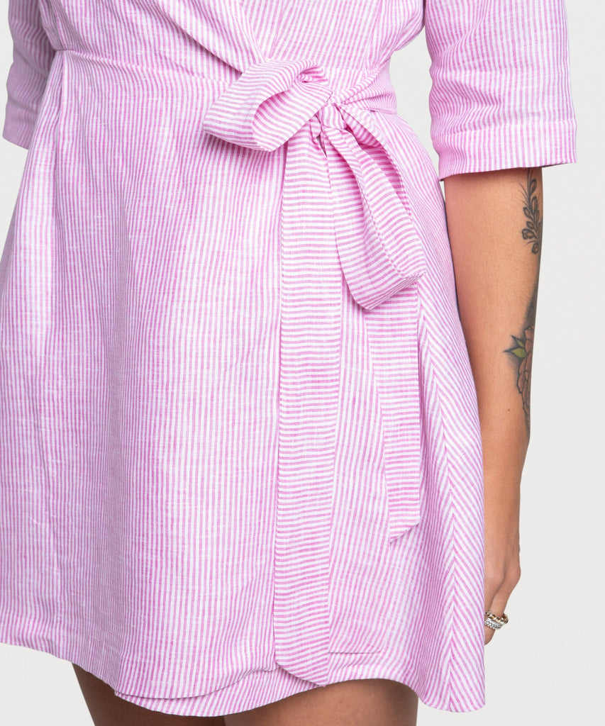 Striped Linen Wrap Dress Short